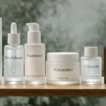 Korean skincare hydration products featuring hyaluronic acid, glycerin, ceramides, panthenol, beta-glucan, polyglutamic acid, and squalane