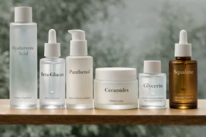 Korean skincare hydration products featuring hyaluronic acid, glycerin, ceramides, panthenol, beta-glucan, polyglutamic acid, and squalane