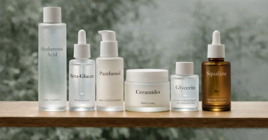 Korean skincare hydration products featuring hyaluronic acid, glycerin, ceramides, panthenol, beta-glucan, polyglutamic acid, and squalane