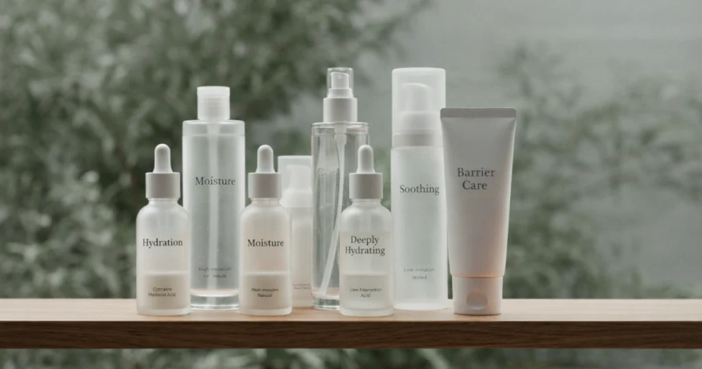 Korean skincare hydration products focused on moisture, soothing care, deep hydration, and skin barrier support