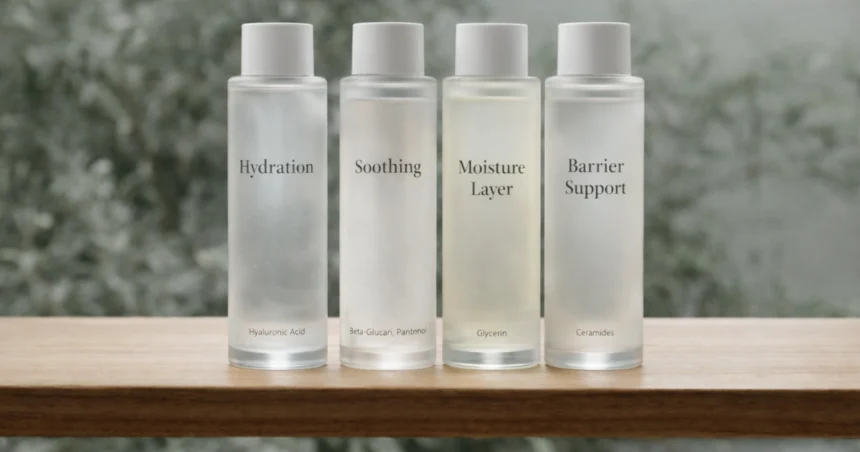 Hydrating Korean toner bottles with moisture and barrier-supporting ingredients