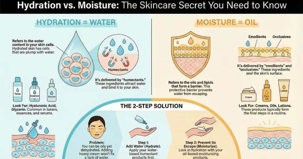 Infographic explaining hydration versus moisture in skincare, showing hydration as water from humectants and moisture as oil from emollients and occlusives