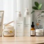 Korean skincare products arranged on a table, including cleanser, toner, essence, serum, sheet mask, and moisturizer representing the 10-step routine.