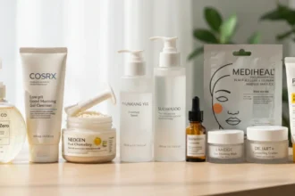 Korean skincare products arranged on a table, including cleanser, toner, essence, serum, sheet mask, and moisturizer representing the 10-step routine.