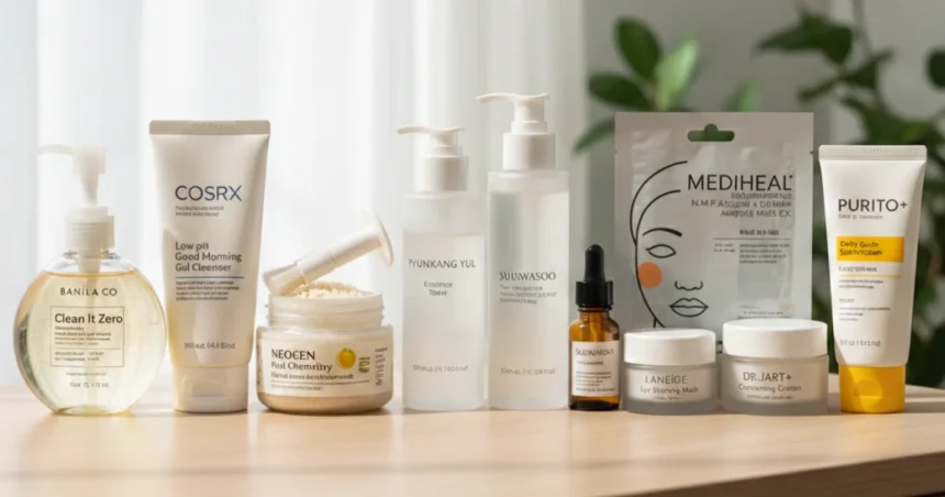 Korean skincare products arranged on a table, including cleanser, toner, essence, serum, sheet mask, and moisturizer representing the 10-step routine.