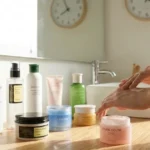 Hands applying moisturizer next to a selection of Korean skincare products arranged on a bathroom countertop in natural light.