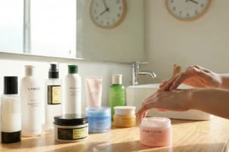 Hands applying moisturizer next to a selection of Korean skincare products arranged on a bathroom countertop in natural light.