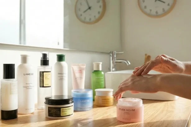 Hands applying moisturizer next to a selection of Korean skincare products arranged on a bathroom countertop in natural light.