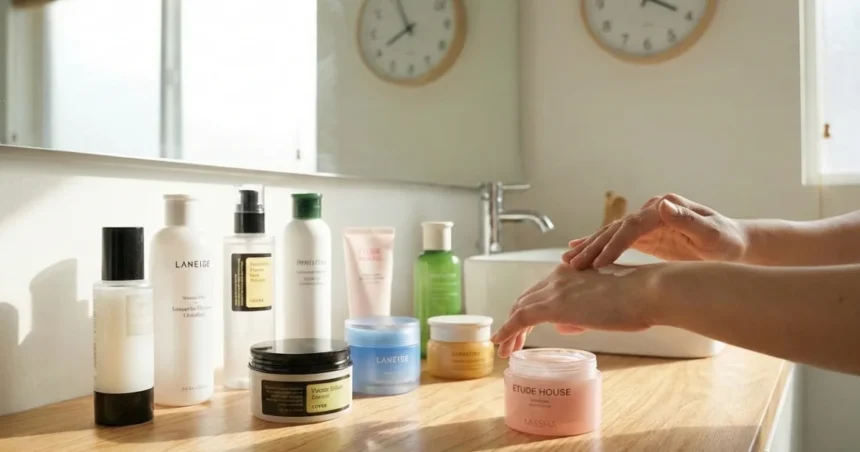 Hands applying moisturizer next to a selection of Korean skincare products arranged on a bathroom countertop in natural light.