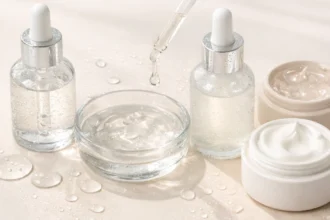 Hydration concept showing transparent gel textures and water droplets in a clean, minimalist skincare setting