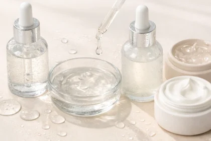 Hydration concept showing transparent gel textures and water droplets in a clean, minimalist skincare setting