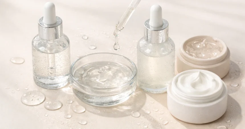 Hydration concept showing transparent gel textures and water droplets in a clean, minimalist skincare setting