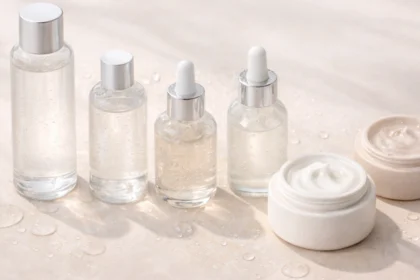 Korean skincare layering steps showing hydrating textures from watery toner to cream in a clean minimalist flat lay