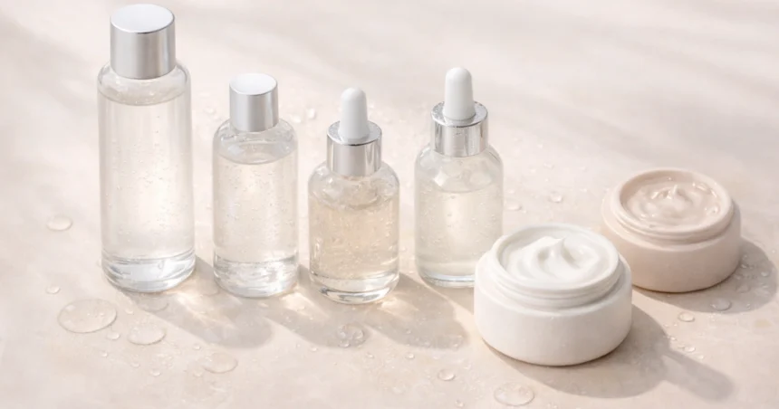 Korean skincare layering steps showing hydrating textures from watery toner to cream in a clean minimalist flat lay