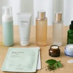 Korean skincare routine products arranged on a table, including oil cleanser, foam cleanser, exfoliator, toner, essence, serum, sheet mask, moisturizer, eye cream, and sunscreen.