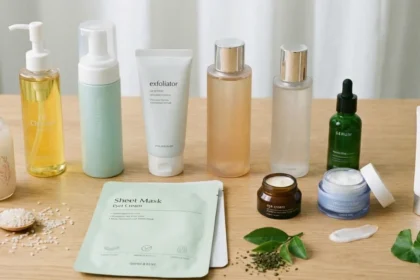 Korean skincare routine products arranged on a table, including oil cleanser, foam cleanser, exfoliator, toner, essence, serum, sheet mask, moisturizer, eye cream, and sunscreen.