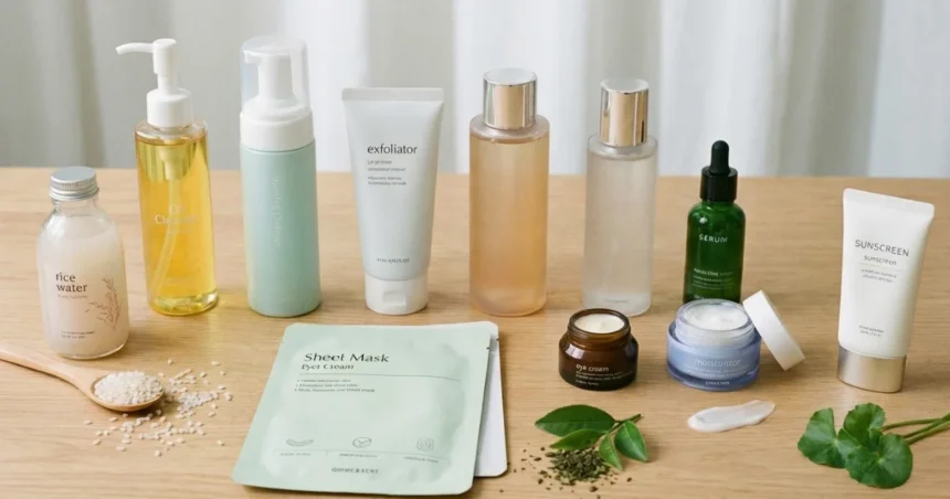 Korean skincare routine products arranged on a table, including oil cleanser, foam cleanser, exfoliator, toner, essence, serum, sheet mask, moisturizer, eye cream, and sunscreen.