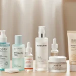 Korean skincare products displayed in order of application, including oil cleanser, foam cleanser, toner, essence, serum, ampoule, moisturizer, and cream.