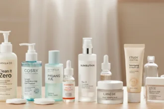 Korean skincare products displayed in order of application, including oil cleanser, foam cleanser, toner, essence, serum, ampoule, moisturizer, and cream.