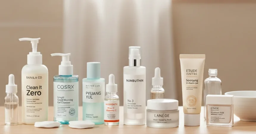 Korean skincare products displayed in order of application, including oil cleanser, foam cleanser, toner, essence, serum, ampoule, moisturizer, and cream.