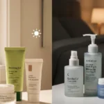 Comparison of morning and night Korean skincare routines with skincare products displayed in a bright daytime setting and a nighttime bedroom setting.