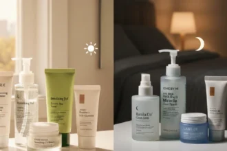 Comparison of morning and night Korean skincare routines with skincare products displayed in a bright daytime setting and a nighttime bedroom setting.