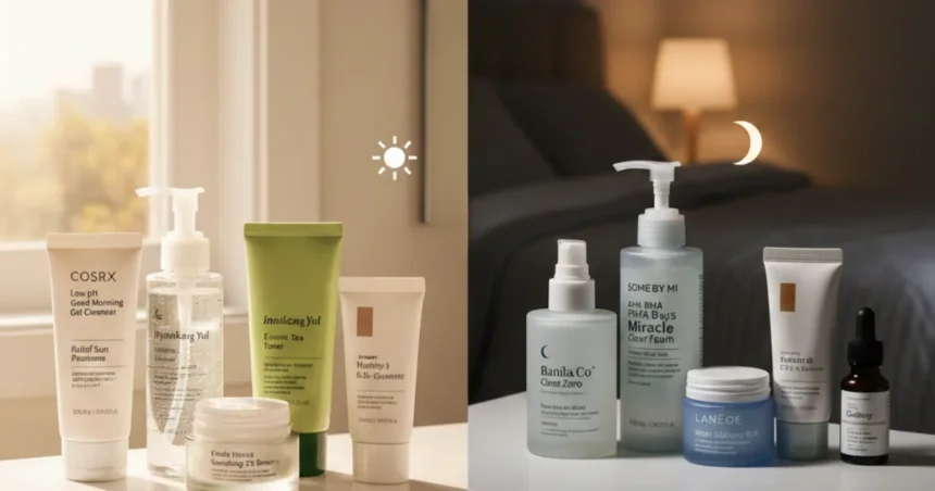 Comparison of morning and night Korean skincare routines with skincare products displayed in a bright daytime setting and a nighttime bedroom setting.