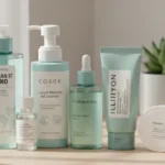 Minimalist Korean skincare routine featuring gentle cleanser, toner, serum, moisturizer, and cleansing oil arranged on a light wooden surface.