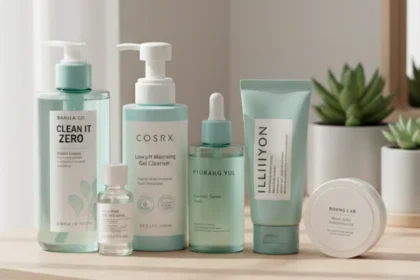 Minimalist Korean skincare routine featuring gentle cleanser, toner, serum, moisturizer, and cleansing oil arranged on a light wooden surface.