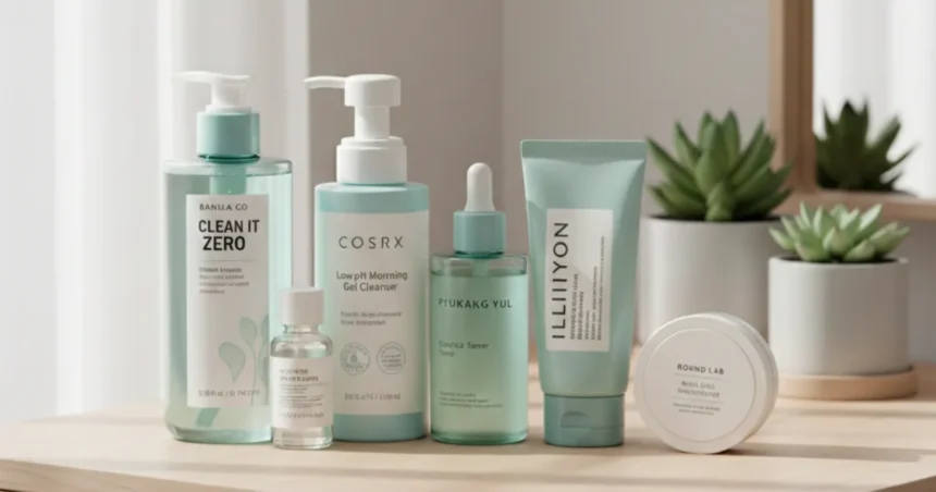 Minimalist Korean skincare routine featuring gentle cleanser, toner, serum, moisturizer, and cleansing oil arranged on a light wooden surface.