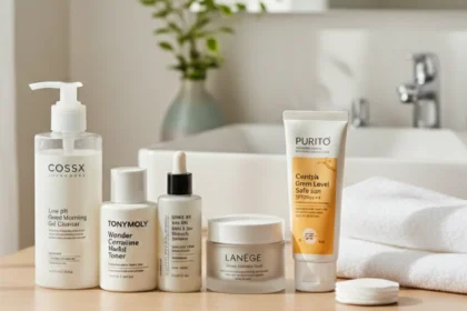 Beginner-friendly Korean skincare products displayed on a bathroom counter, including a gentle cleanser, hydrating toner, serum, moisturizer, and sunscreen for a simple K-beauty routine.