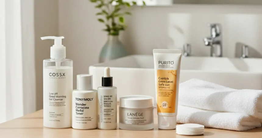 Beginner-friendly Korean skincare products displayed on a bathroom counter, including a gentle cleanser, hydrating toner, serum, moisturizer, and sunscreen for a simple K-beauty routine.